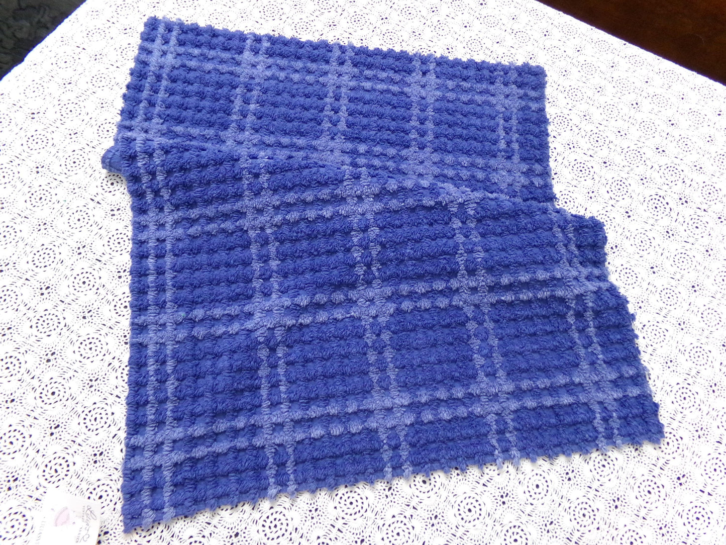 Midnight Blue Vintage Chenille Fabric Textured Plaid Sewing Material 18" x 24"