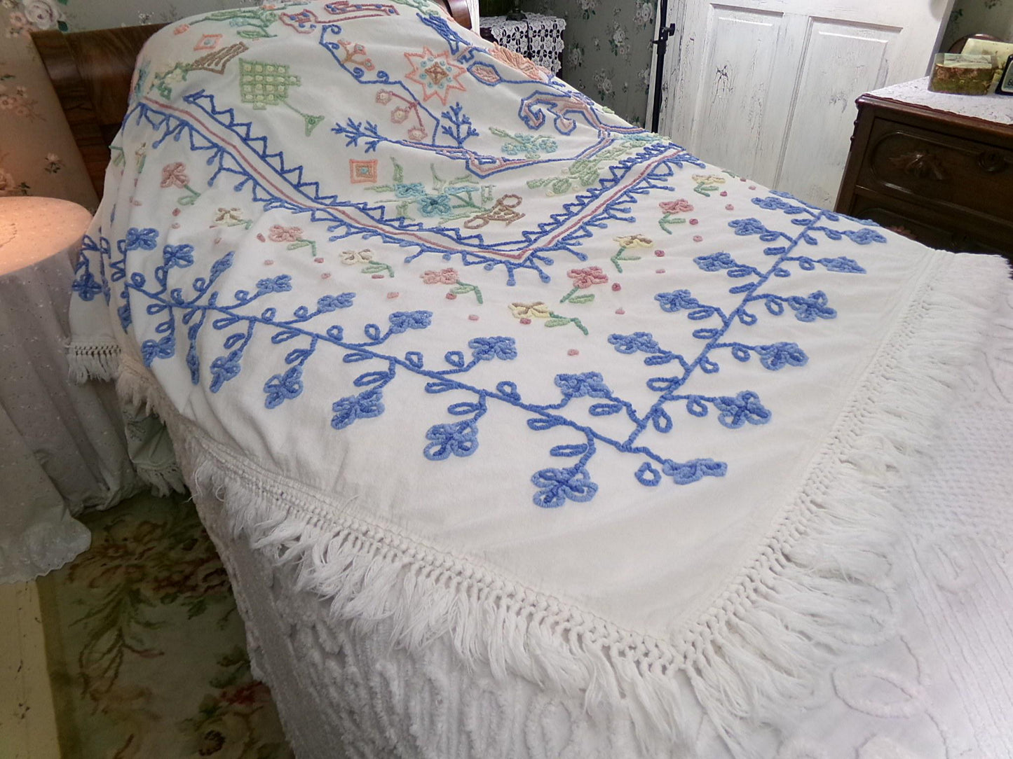 Vintage Boho Chenille Bedspread, Rare Folk Art Fieldcrest Needletuft Tribal Design, Full Size Cotton Bedding