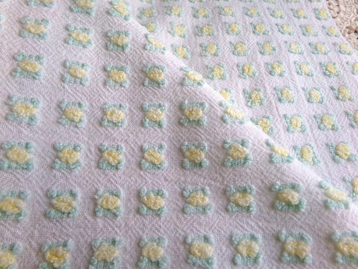 tiny tuft yellow rosebud vintage chenille fabric, textured mini rose design, 18" x 21.5" piece quilt material