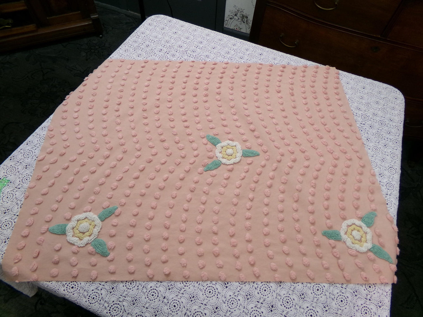 Vintage Cotton Chenille Fabric Peach Dot Floral Accents 23 x 30" Shabby Chic