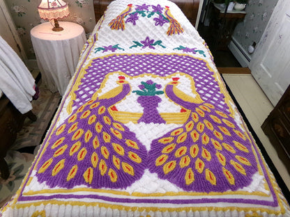 Vintage Chenille Bedspread Double Peacock Purple Gold White, Full Size