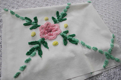 simple floral vintage chenille fabric, 32" x 23" cut piece, jadeite & white pops with pink rose flower, lightweight cotton