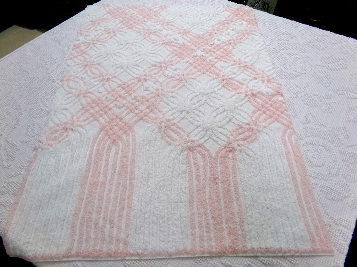 Pink & White Vintage Chenille Fabric, geometric craft quilt material, 27" x 19"