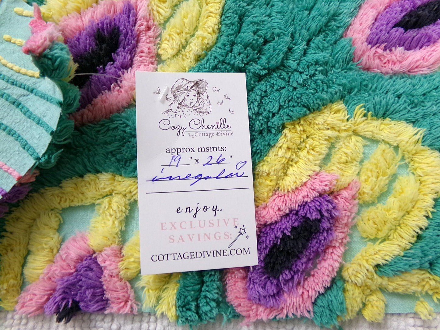 vintage seafoam chenille bedspread fabric, plush peacock feathers & tropical florals, 19" x 26" piece