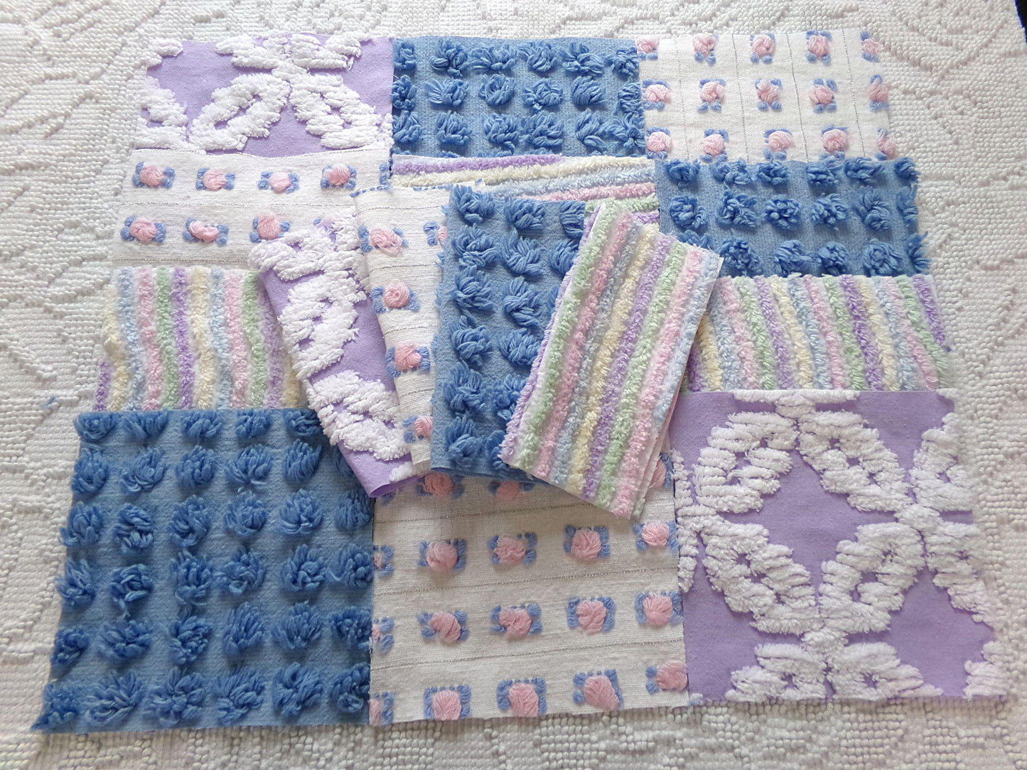 moonlit rainbow chenille fabric squares, set of 16 vintage quilt blocks 6" inches ea, dreamy serene blue, pink rosebuds, soft lilac