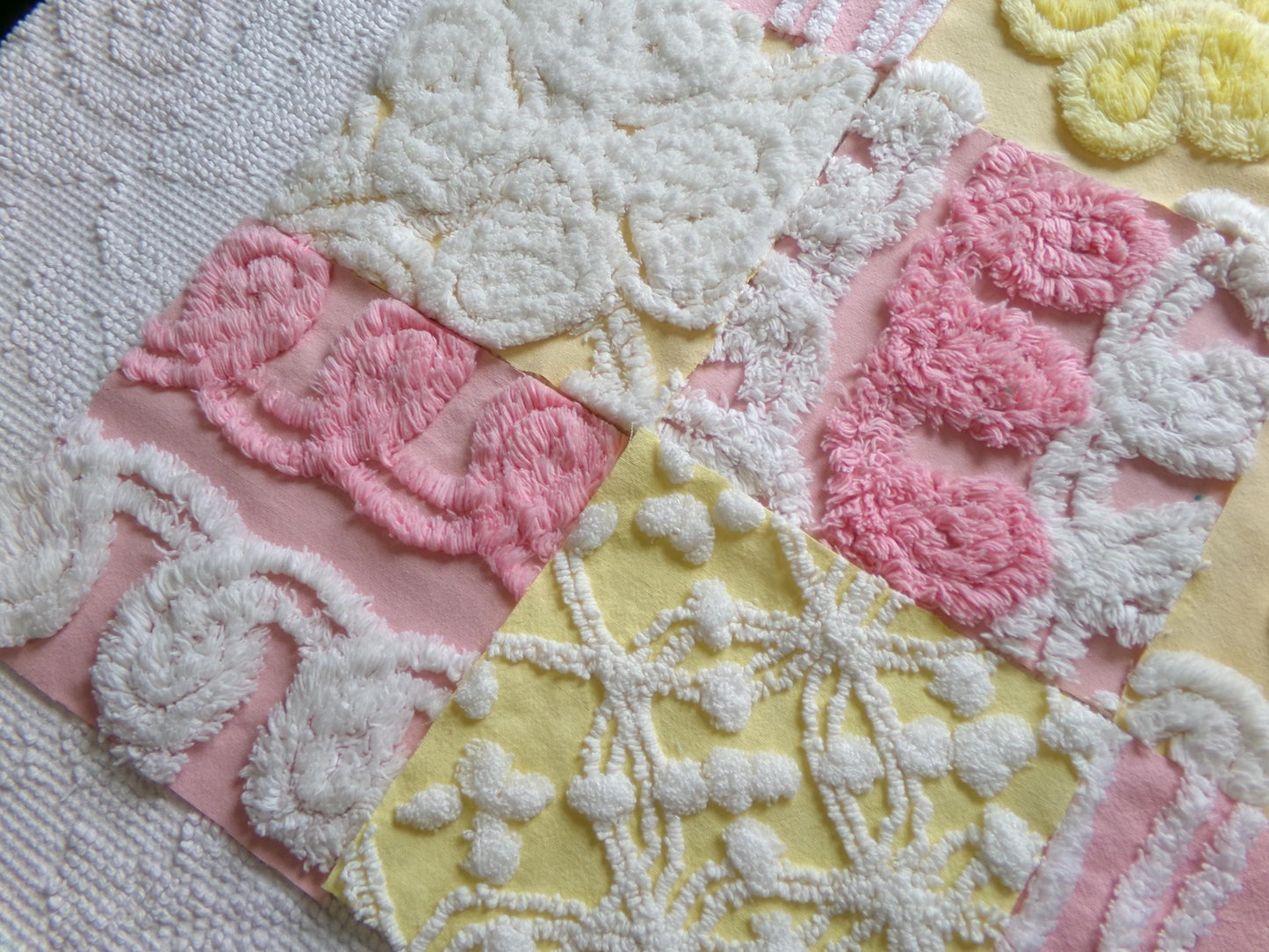 vintage chenille fabric squares, "sunshine smiles" set of 16 pink & yellow floral 6" quilt blocks for quilting, crafts, sewing