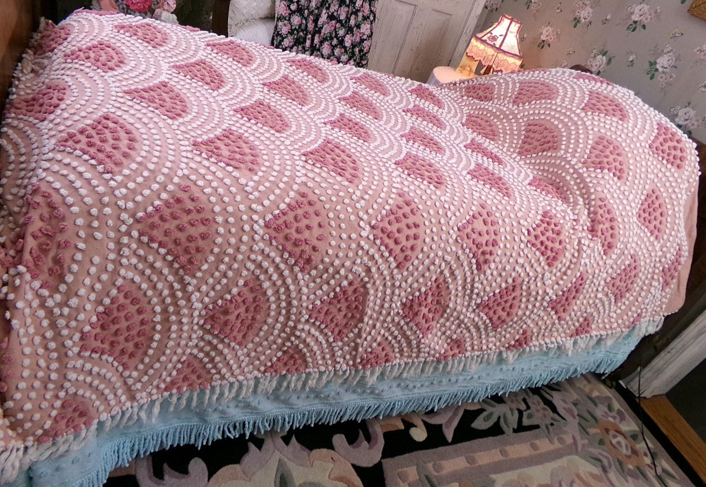 pink mermaid tails vintage chenille bedspread, antique twin size coverlet summer bedding