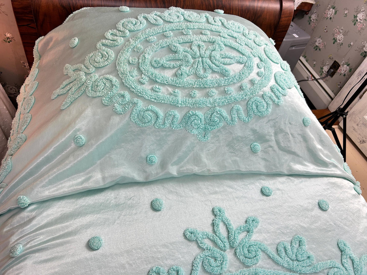 Seafoam Vintage Satin Bedspread Aqua Glamour Tufted Chenille Full Sz