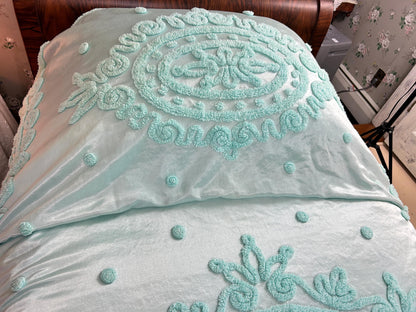 Seafoam Vintage Satin Bedspread Aqua Glamour Tufted Chenille Full Sz