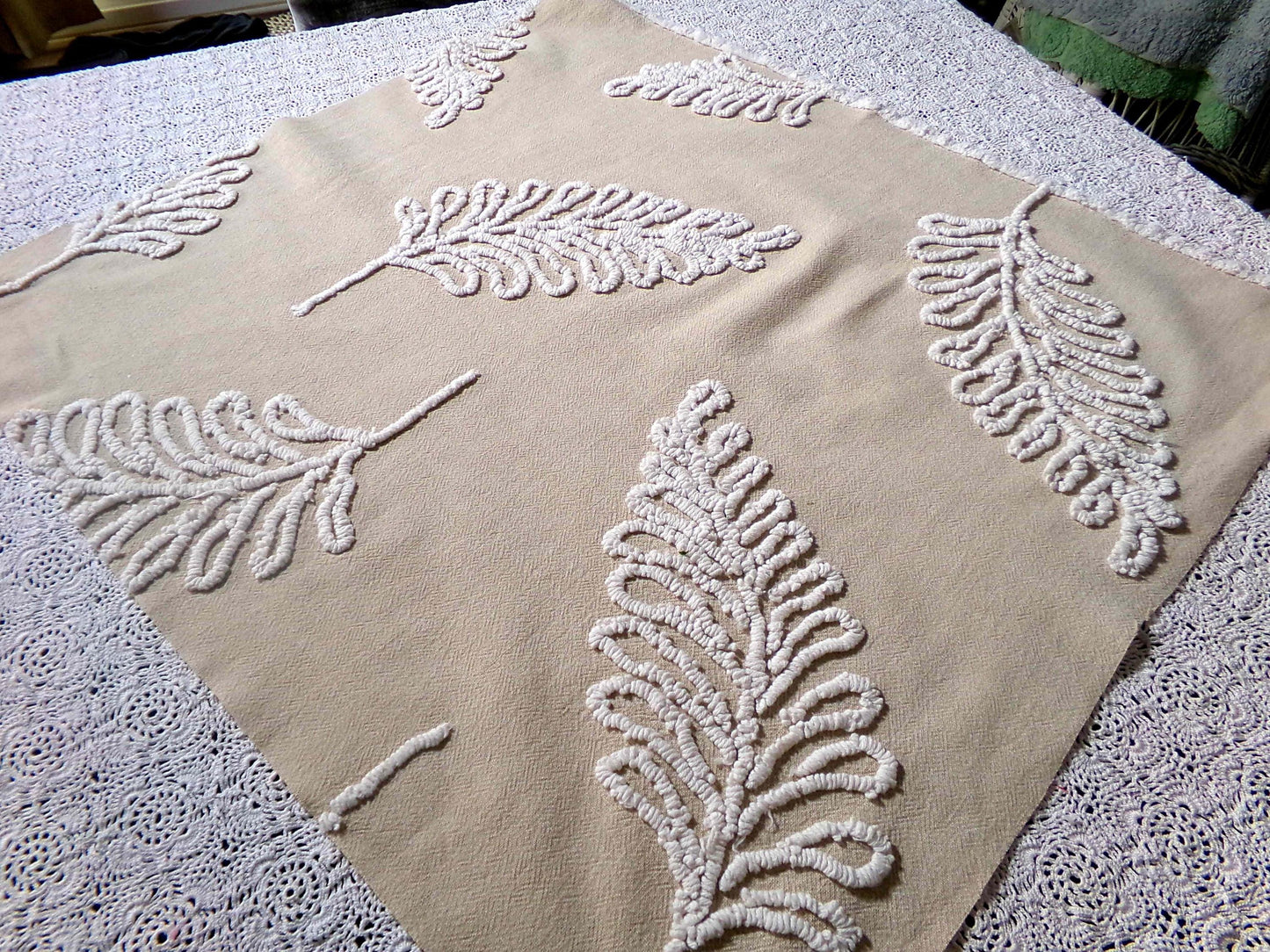 falling leaves vintage chenille fabric, 24" x 21" inch piece, simple shabby needletuft large leaf design on mocha cotton