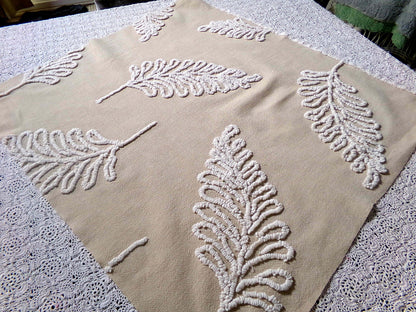falling leaves vintage chenille fabric, 24" x 21" inch piece, simple shabby needletuft large leaf design on mocha cotton