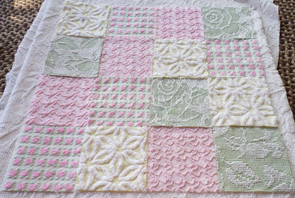 Fresh Flowers Chenille Quilt Squares Set from Vintage Bedspread Fabric, 17 Blocks, 6" x 6" inch