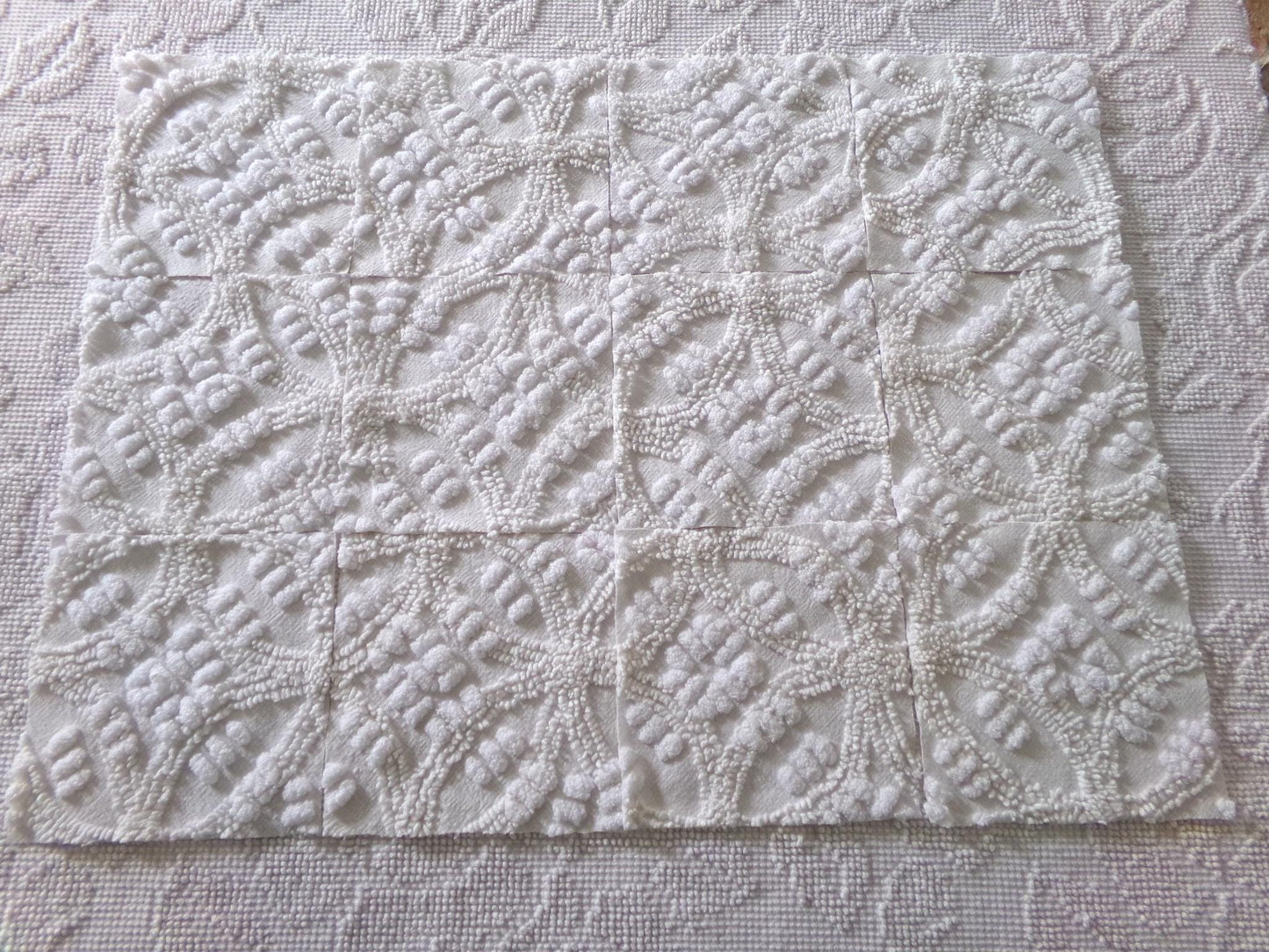heirloom quality chenille fabric squares, set of 12 vintage 6" quilt blocks in elegant antique cream tufted geometric design