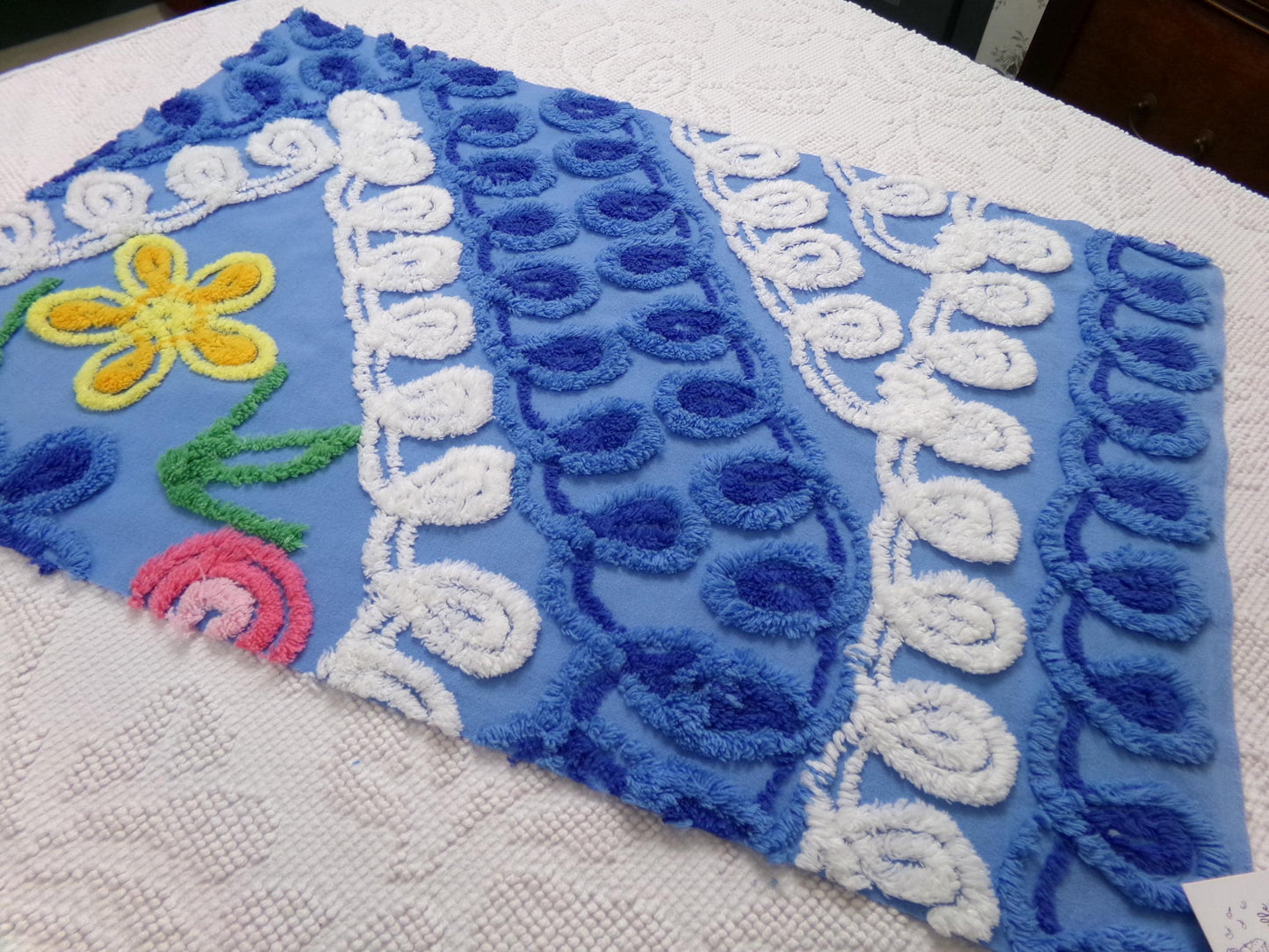 vintage shabby chenille bedspread fabric, abstract floral blue & white swirls, 14" x 22" piece