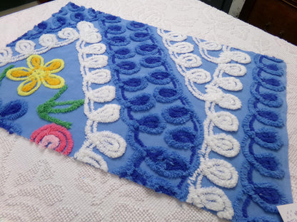 vintage shabby chenille bedspread fabric, abstract floral blue & white swirls, 14" x 22" piece