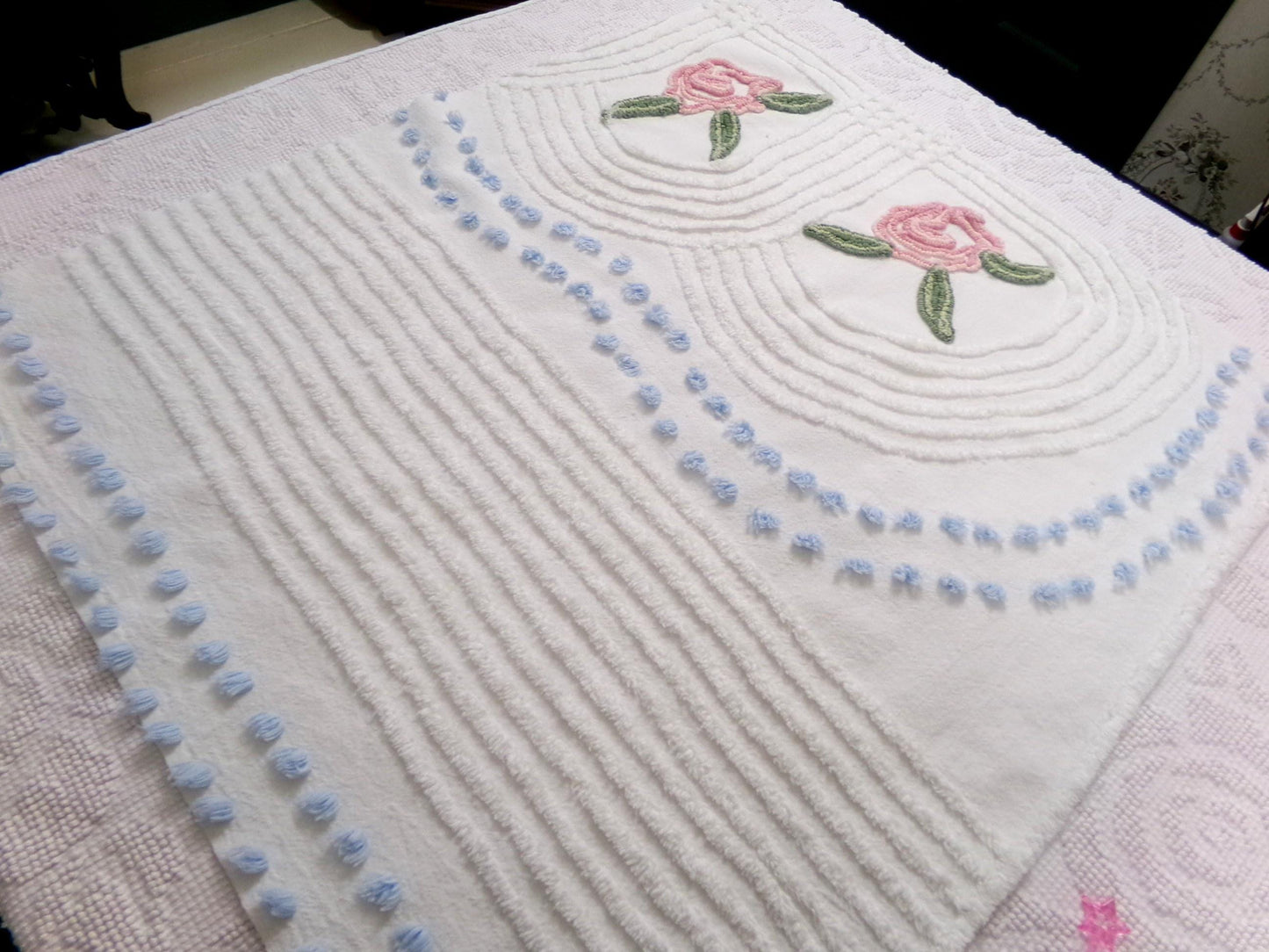 Cottage Rose Vintage Chenille Fabric Quilt Material, 26" x 23" piece