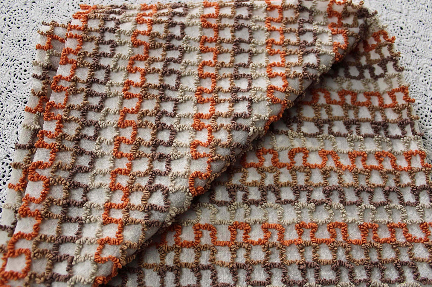 best boho colors vintage chenille fabric, fun pattern for small totes & bags, 20" x 24" inch piece, orange, mocha, chocolate, sand colors