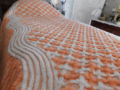 Peach Creamsicle Vintage Chenille Bedspread, 100% Plush Cotton, Twin Size Cotton Bedding