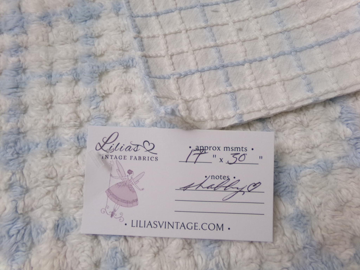 blue & white check vintage chenille fabric, cottage plaid 17x30" pc
