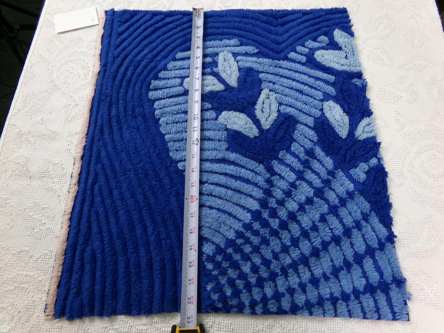 celestial blue vintage chenille bedspread fabric, plush abstract deco tufting, 22" x 20" piece