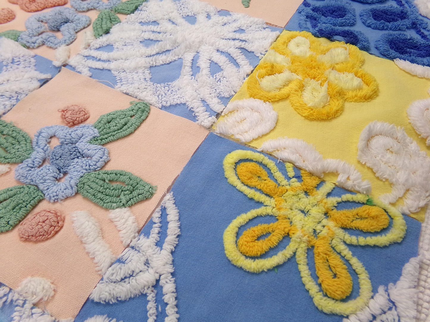 Summer Floral Vintage Chenille Fabric Squares Set, 16 Quilt Blocks, 6" x 6" inches each, for Quilting, Sewing, DIY Pillows