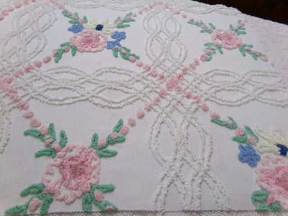Shabby Wildflowers Vintage Chenille Fabric, pink rose floral sewing material, 20" x 32"