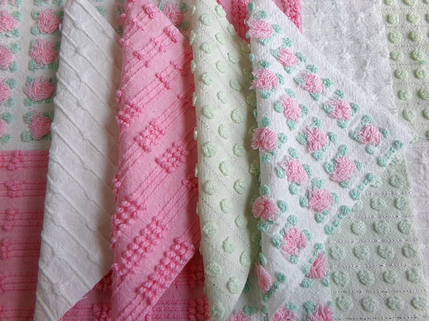 fairy girl pinks chenille fabric squares, set of 12 vintage 6" quilt blocks in crafty girl's dozen, popular squiggles, rosebud, dots