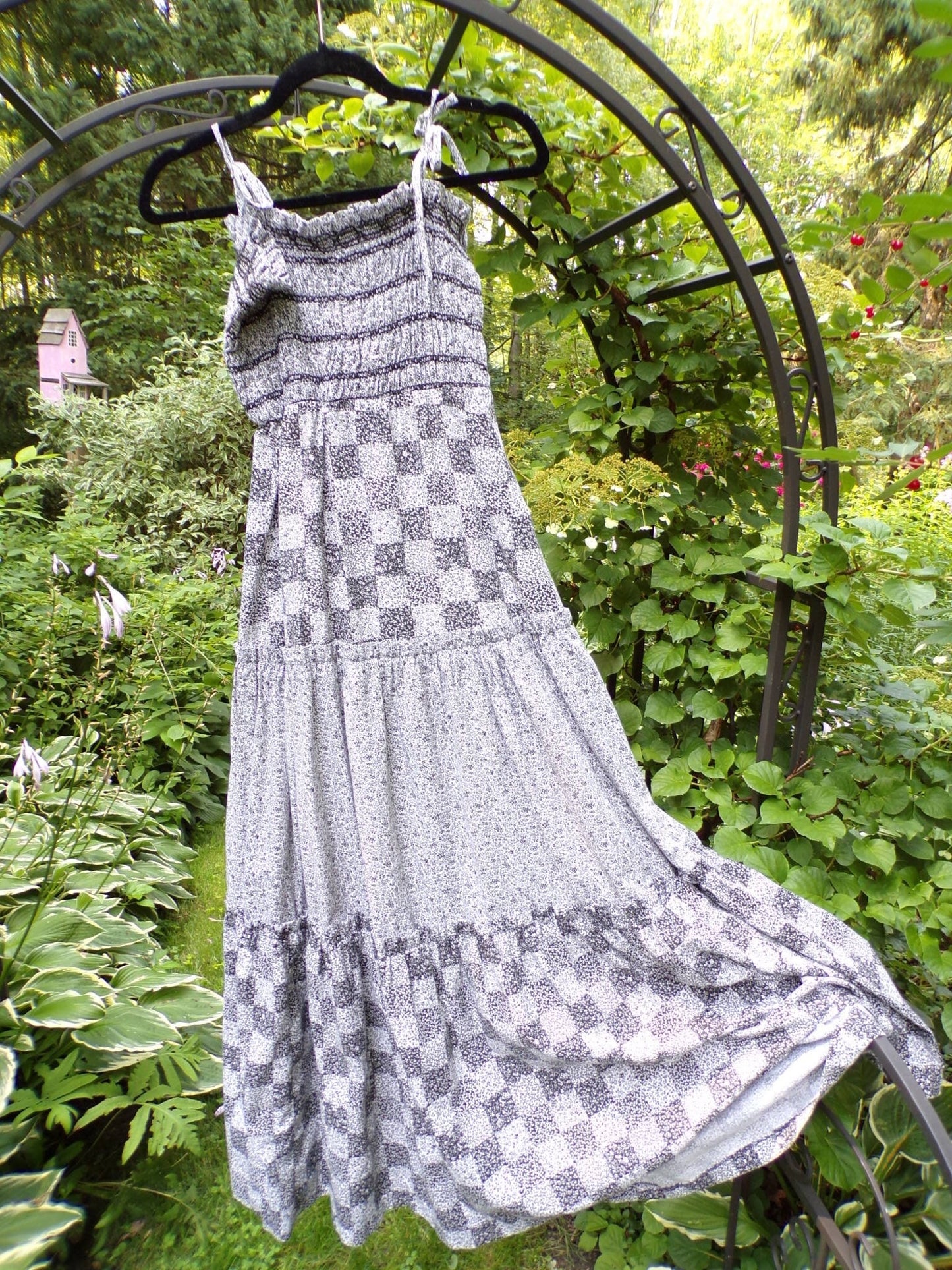 Vintage Prairie Dress Black White Maxi 1970s Sundress Micro Butterfly S