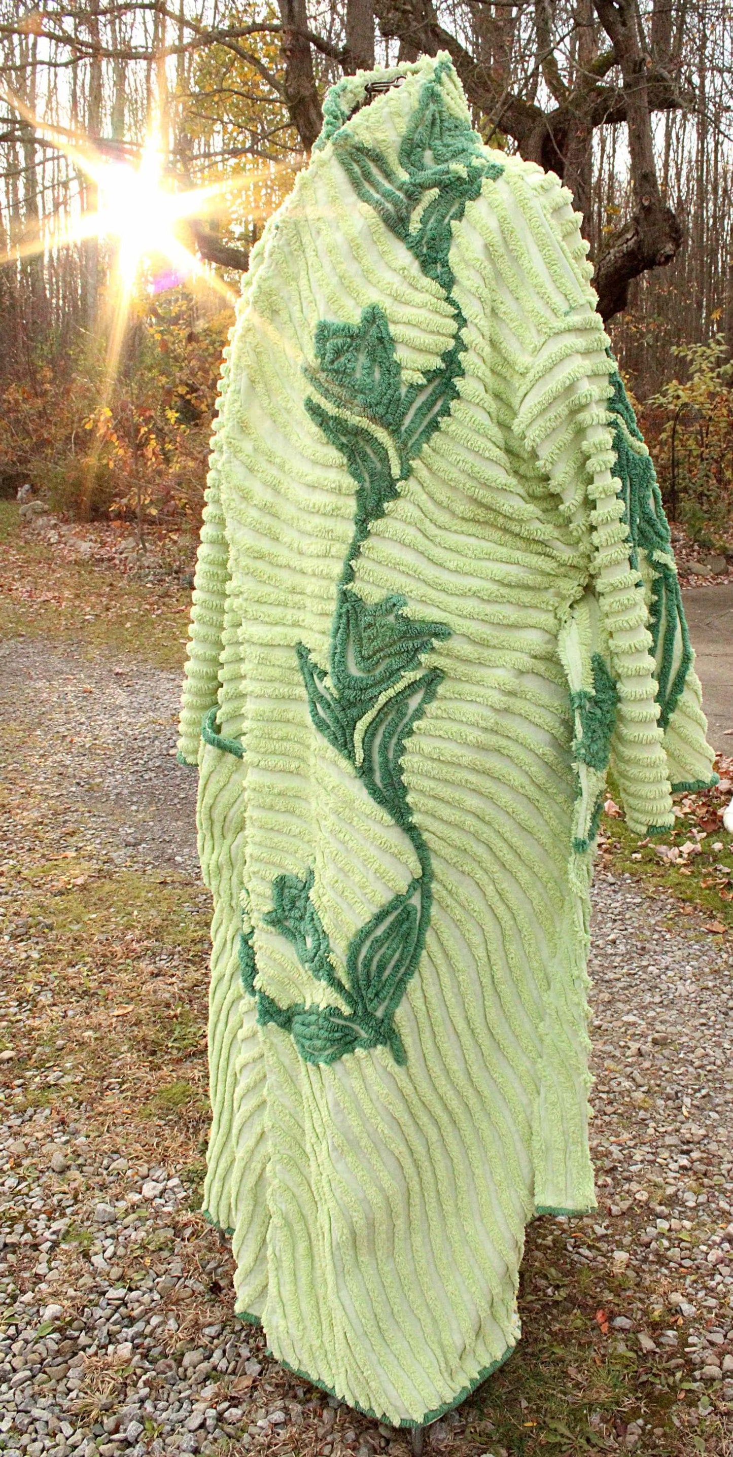 plant lady beautiful chenille robe, shabby upcycled women's bathrobe from tulip floral vintage chenille bedspread fabrics, in size L/XL