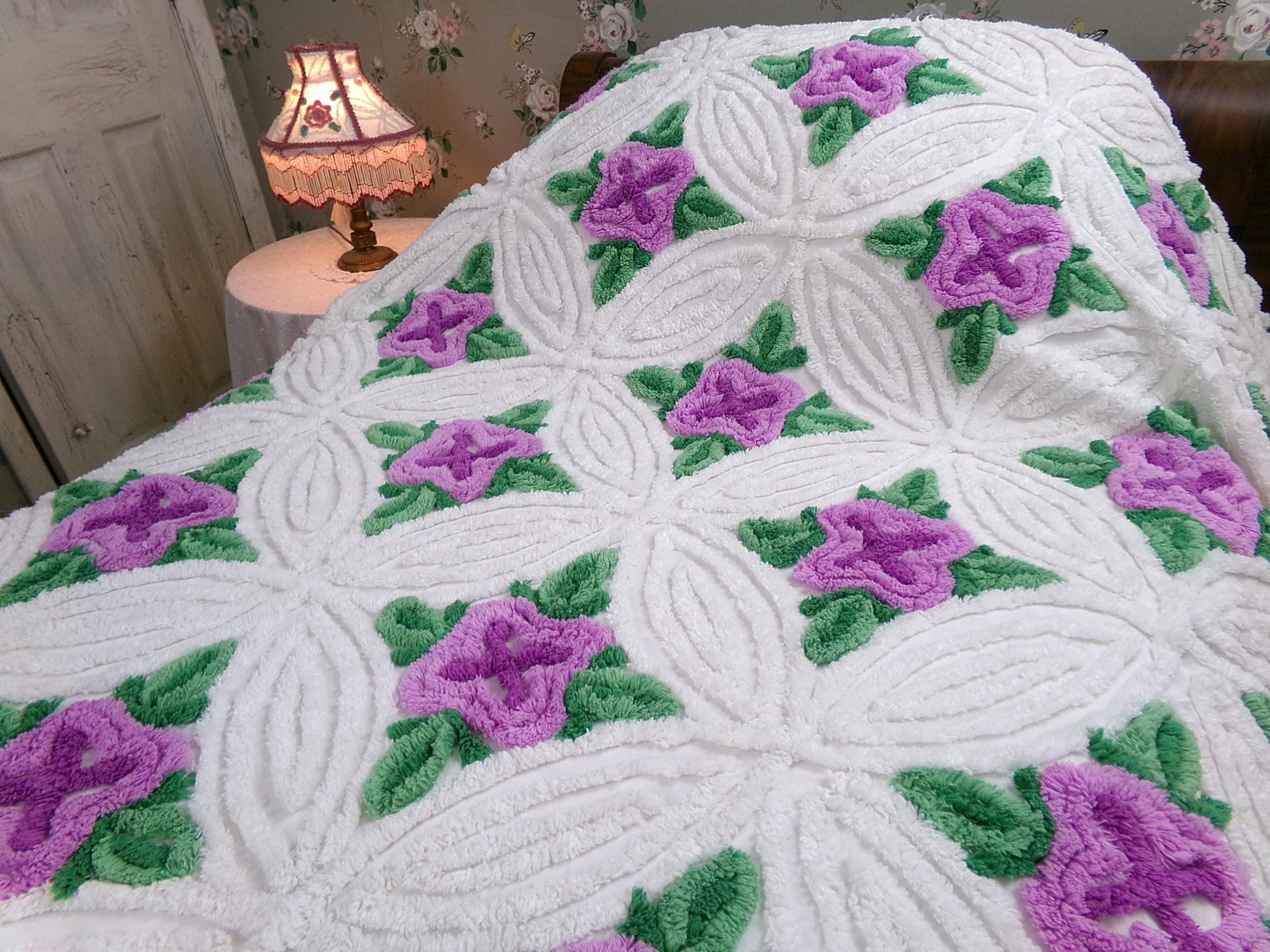 Lavender Cabbage Rose Blooms 1940s White Cotton Chenille Bedspread, FULL Size