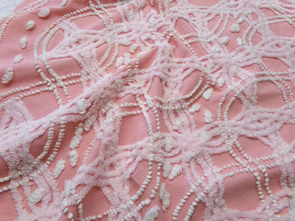 rosy pink vintage chenille fabric, infinity tuft & pearl pops design, 21" x 22" piece of sewing quilt material