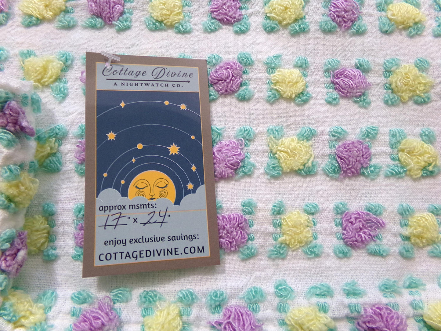 Rare Rosebud Vintage Chenille Fabric, Yellow Lilac Tufted Roses, 17x24"