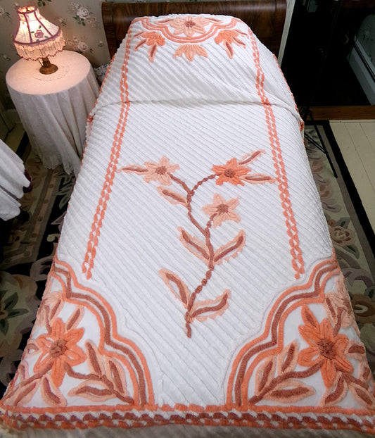 Vintage Peach Floral Chenille Bedspread White Tufted Daisy Twin Full Cottagecore
