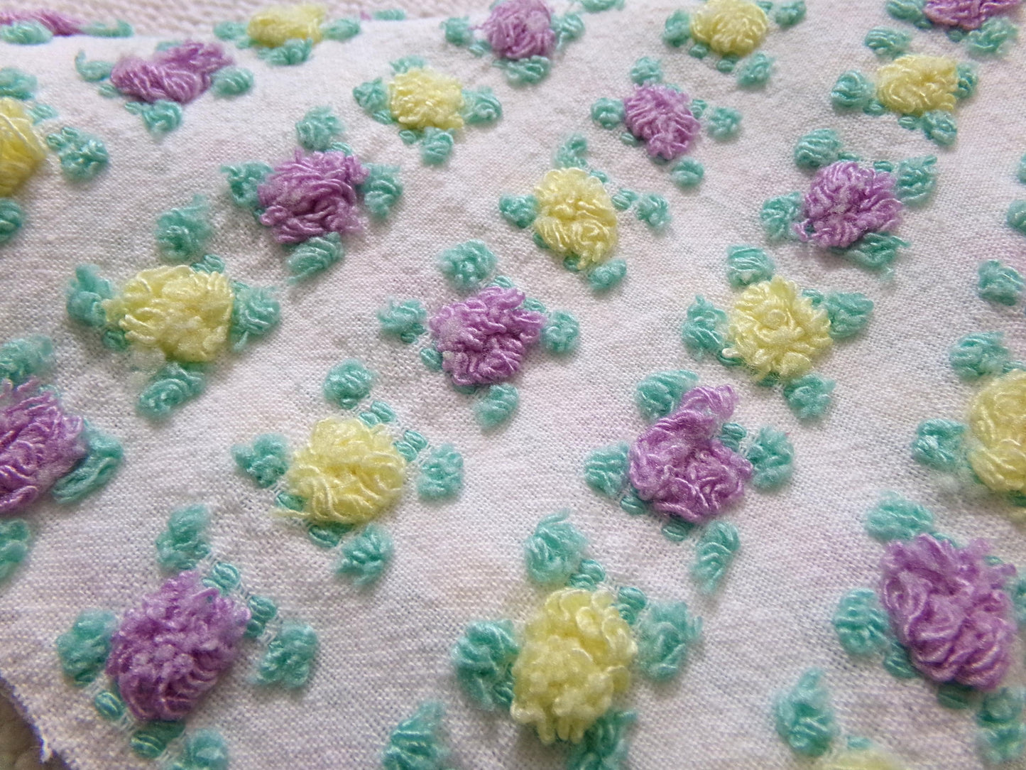 Rare Rosebud Vintage Chenille Fabric, Yellow Lilac Tufted Roses, 17x24"