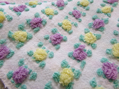 Rare Rosebud Vintage Chenille Fabric, Yellow Lilac Tufted Roses, 17x24"