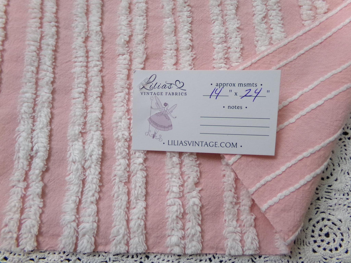 Pink White Double Stripe Vintage Chenille Bedspread Fabric Cottage Chic 14x24" Piece