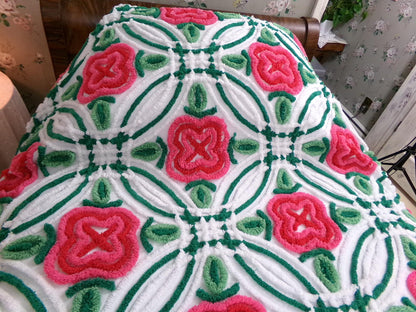 Shabby Rose Vintage Chenille Bedspread Tufted White Full Size 100% Cotton Bedding