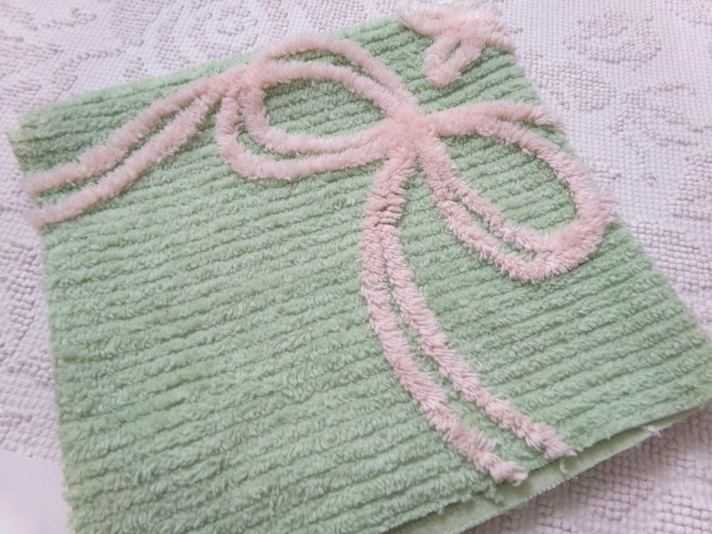 Peaceful Mint Green Vintage Chenille Fabric Pink Bow Star Lily, 19" x 18"