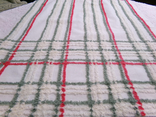 Vintage Chenille Fabric, Rustic Christmas Plaid in Muted Red, Green & Cream, Nice for Shabby Chic Holiday Quilts, 22" x 25" Cut Piece