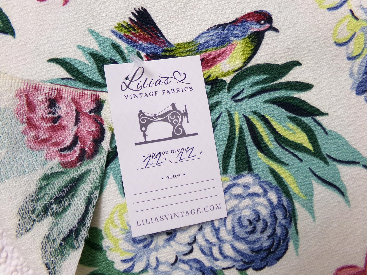 Vintage Barkcloth Fabric 22 x 22" Botanical Floral Exotic Birds Rose Peony Chinoiserie Mid Century