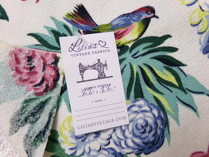 Vintage Barkcloth Fabric 22 x 22" Botanical Floral Exotic Birds Rose Peony Chinoiserie Mid Century
