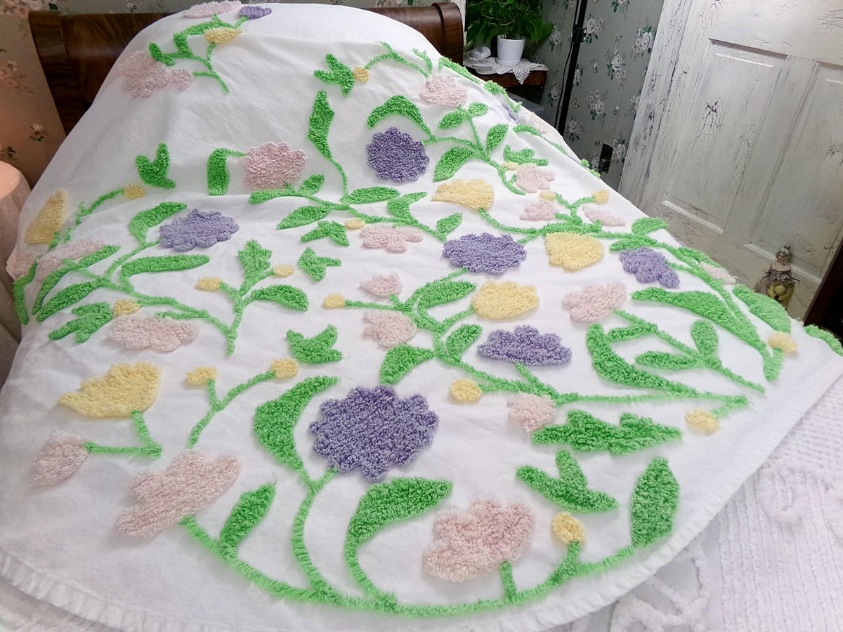 Y2K Vintage Style Chenille Bedspread, Summer Floral Burst TWIN Coverlet