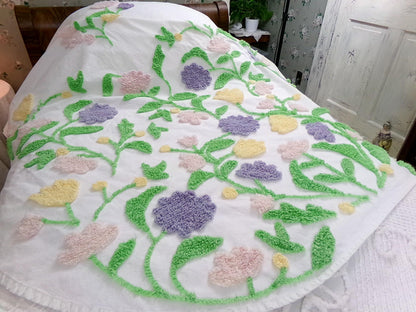 Y2K Vintage Style Chenille Bedspread, Summer Floral Burst TWIN Coverlet