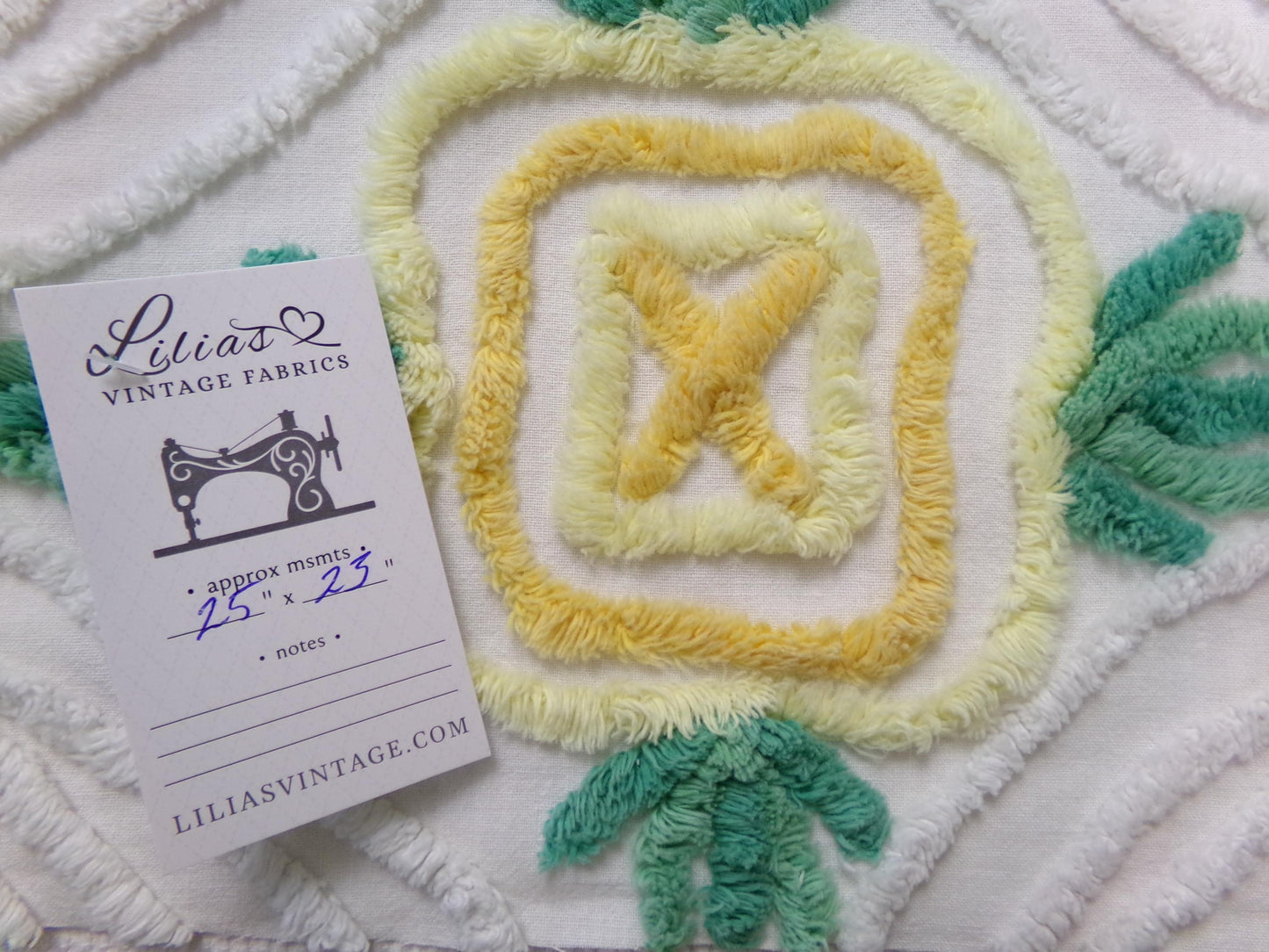 yellow cabbage rose vintage chenille bedspread fabric, cottage charm quilt material, 23" x 25" piece