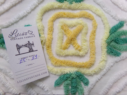 yellow cabbage rose vintage chenille bedspread fabric, cottage charm quilt material, 23" x 25" piece