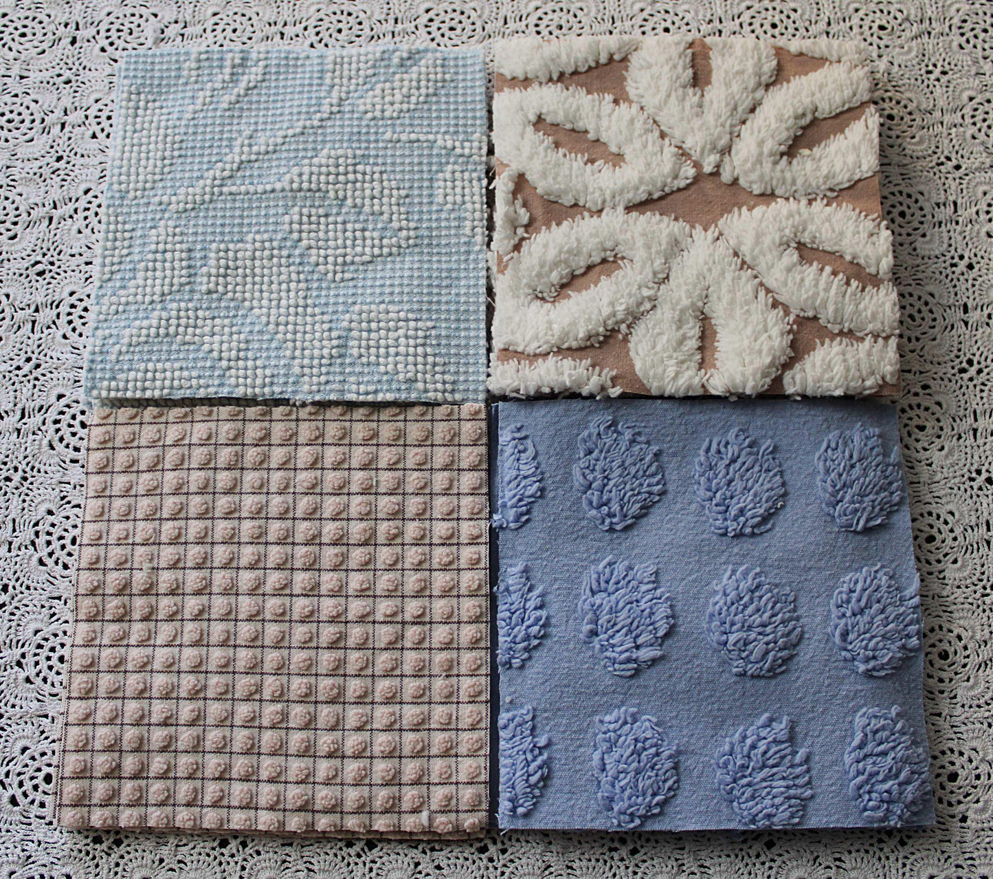 sky & sand vintage chenille fabric squares, set of 16 quilt blocks 6" each, modern dot, hobnail, geometric in blue, white, sand