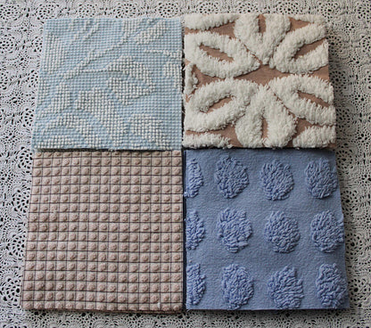 sky & sand vintage chenille fabric squares, set of 16 quilt blocks 6" each, modern dot, hobnail, geometric in blue, white, sand