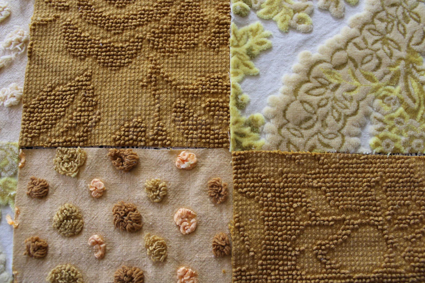 Chenille & Velvet Quilt Squares Set, "Hippie Mama", from Vintage Bedspread Fabric, 16 Blocks, 6" x 6" inches each, Earthtones