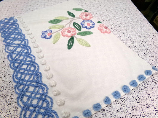 Shabby Chic Vintage Chenille Bedspread Fabric 17.5x24" Blue White Floral