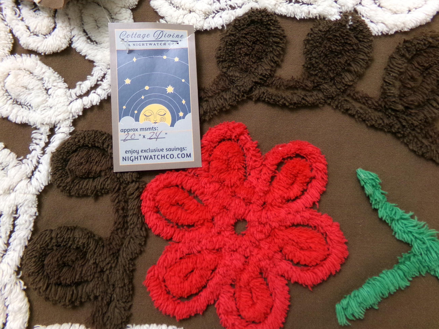 Chocolate Brown Vintage Chenille Bedspread Fabric, cherry red flowers & white swirls sewing material, 20" x 24"